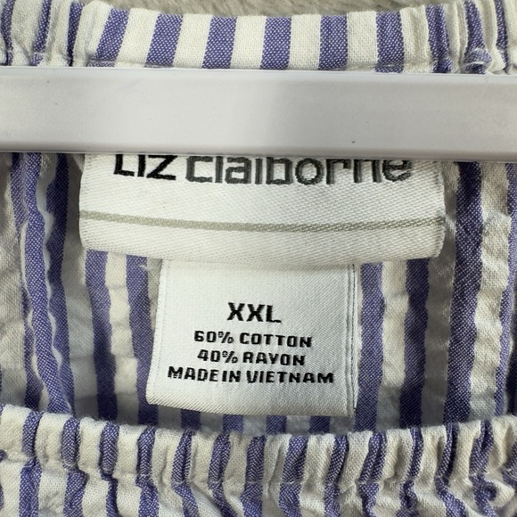 Liz Claiborne Seersucker Blouse Sz XXL Blue Stripe Bell Sleeve Peasant Resort - Picture 2 of 7